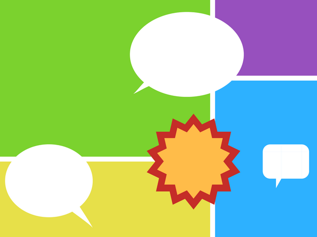 Squares and speech bubbles like a comic.