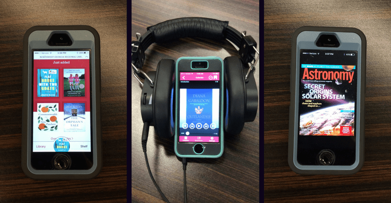 Images of phones with eBooks, with eAudiobooks, and with eMagazines.