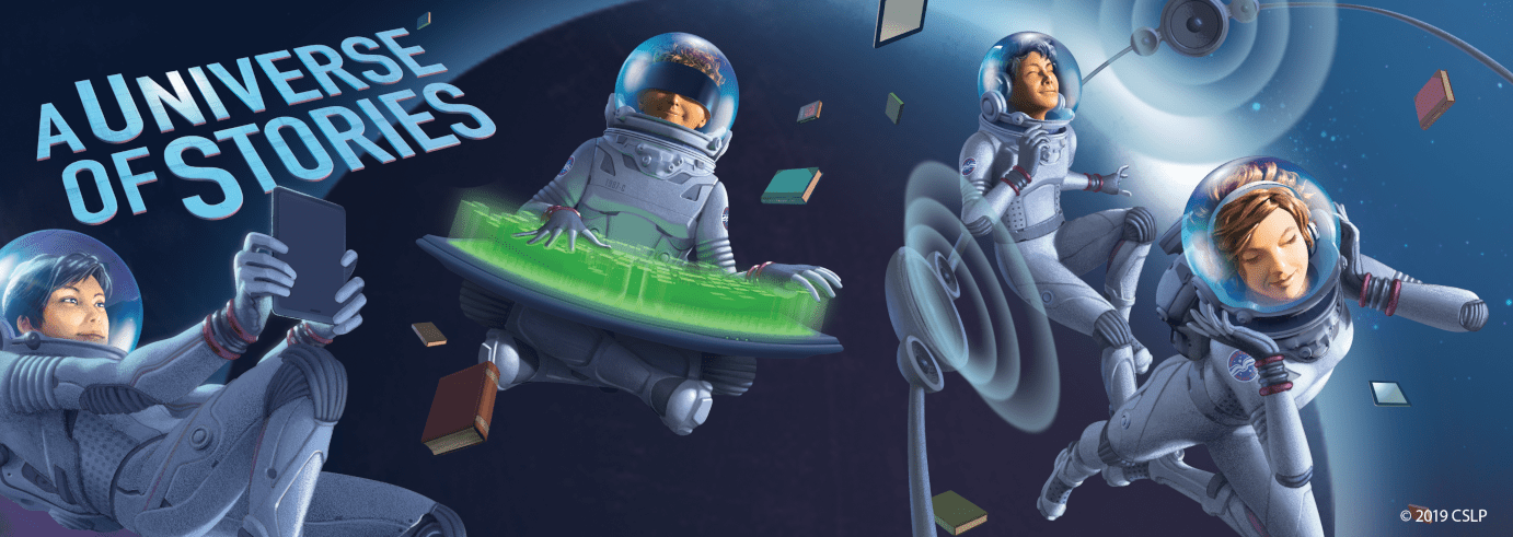 Teens in space, reading and listening to books. Copyright 2019 CSLP.