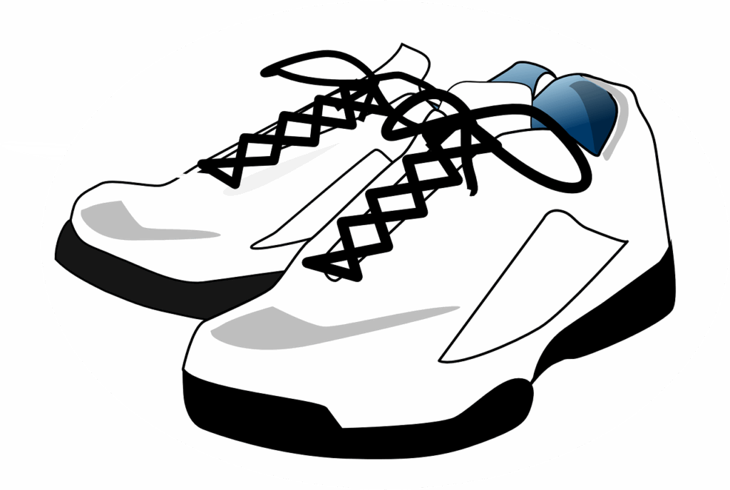 White athletic shoes with black laces, viewed from the side.