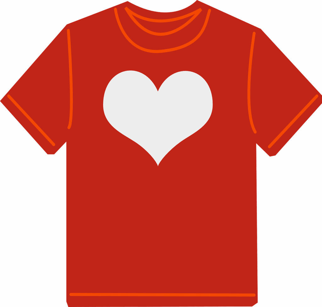 Red t-shirt with a large white heart on the front.