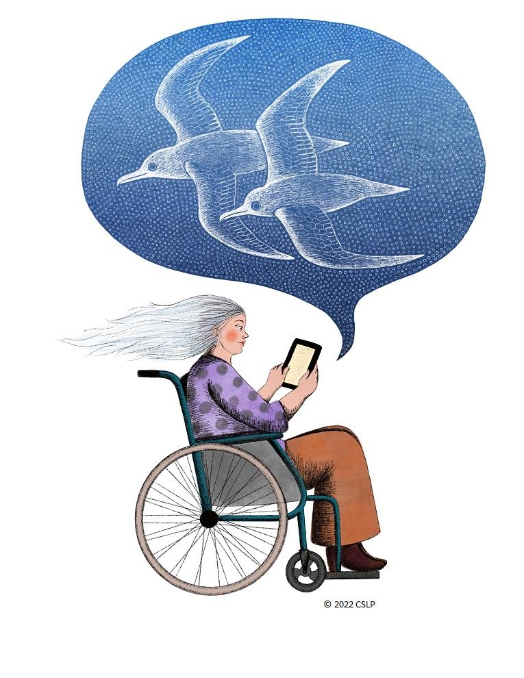 A woman in a wheelchair reads a tablet, imagining two birds flying in a speech bubble above her.