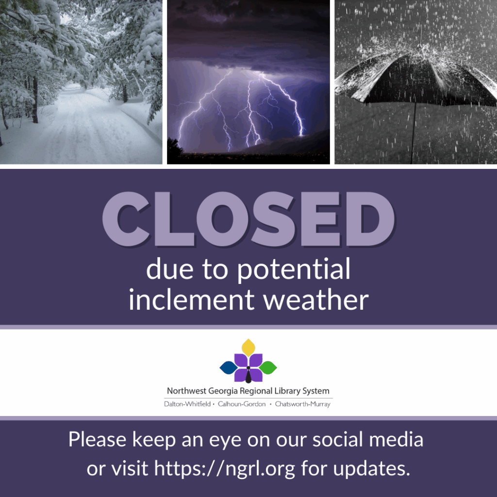 Library closed due to potential inclement weather. Snow, lightning, and rain depicted. Visit ngrl.org for updates.