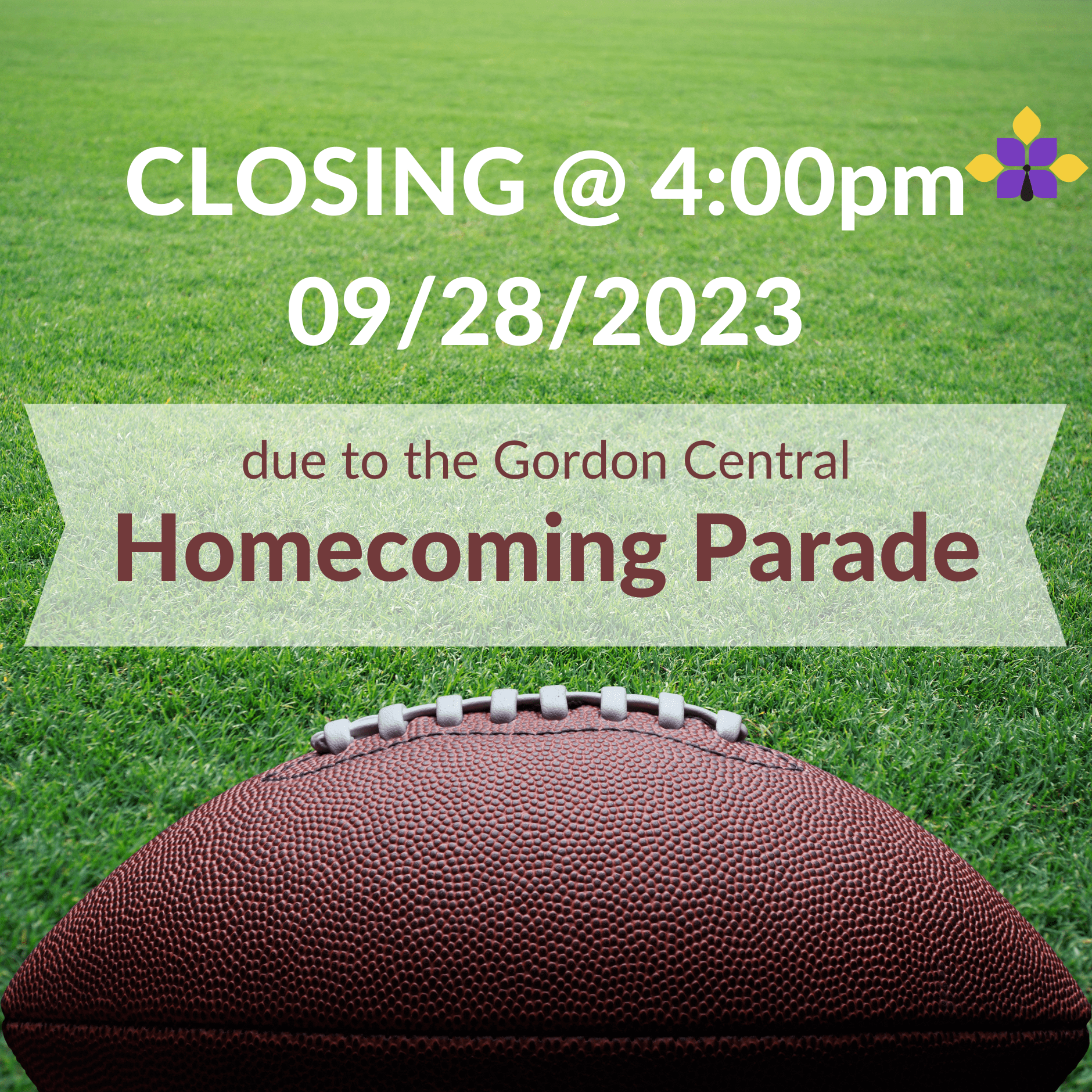 Library closing at 4:00 PM on 09/14/2023 for Calhoun High Homecoming Parade, football on grass.