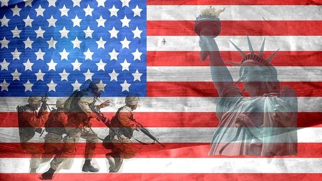 Soldiers in action and the Statue of Liberty overlaid on the American flag.