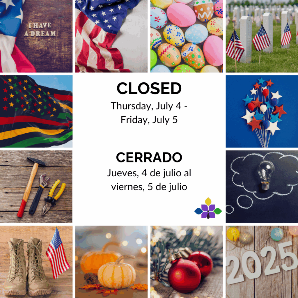 Library closed July 4-5; collage includes flags, tools, pumpkins, and decorations.