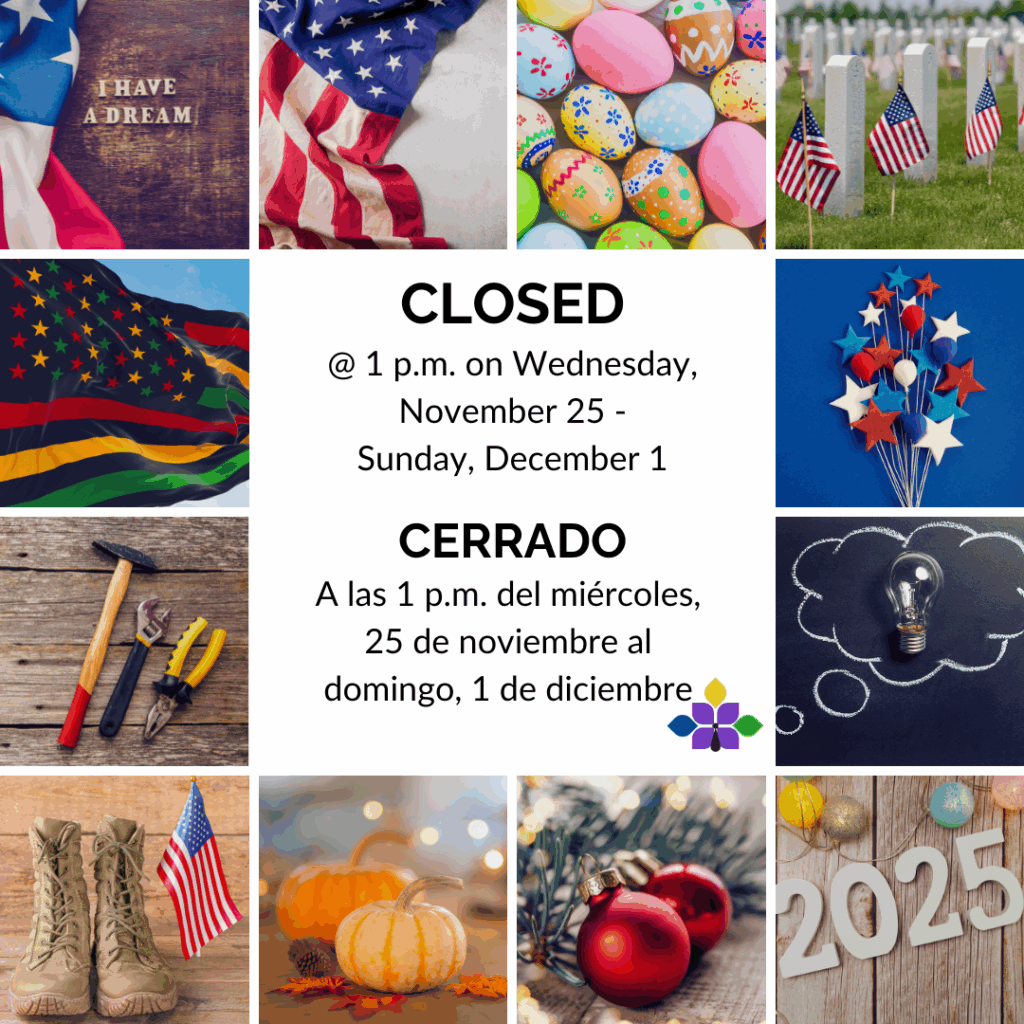 Library closure notice with various holiday-themed images and dates in English and Spanish.