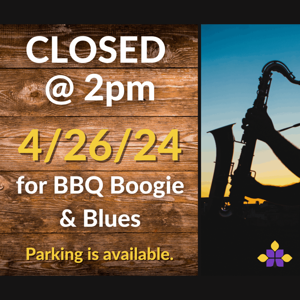 Library closes at 2pm on 4/26/24 for BBQ Boogie & Blues. Silhouette of saxophonist. Parking available.