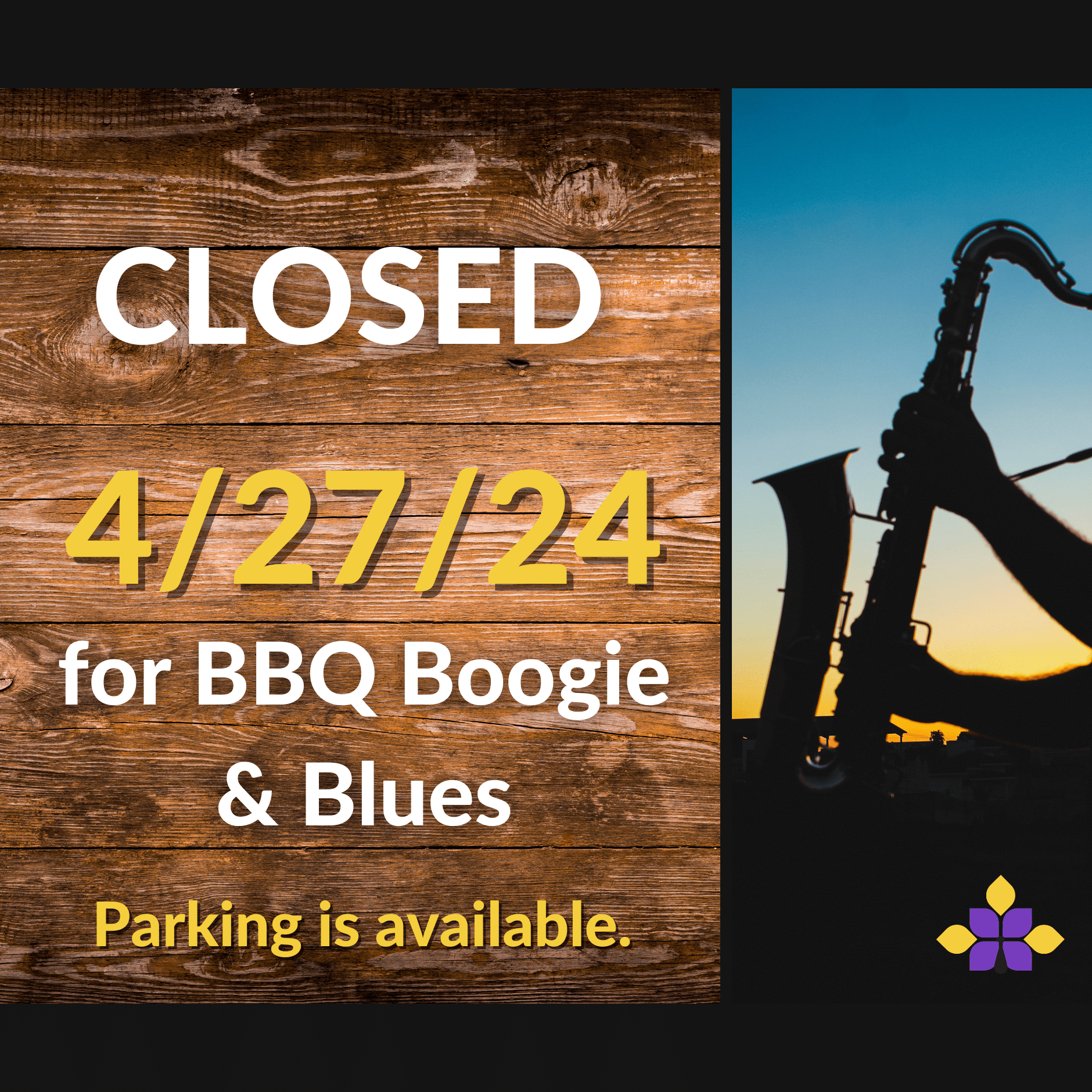 Library closes at 2pm on 4/26/24 for BBQ Boogie & Blues. Silhouette of saxophonist. Parking available.
