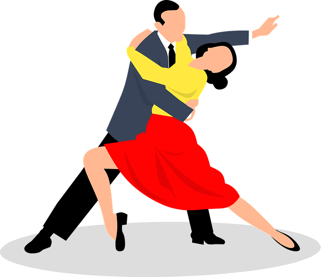 A couple elegantly dancing in formal attire, woman in red and yellow, man in a suit, poised in a dance move.