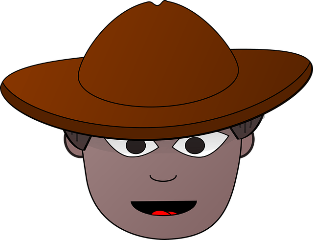 Cartoon person with a wide-brimmed brown hat smiling.