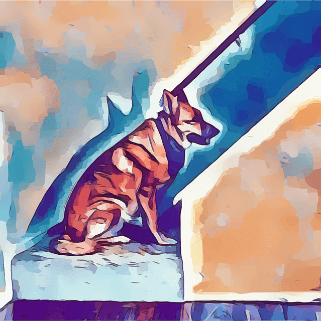 Abstract mural of a dog sitting under a staircase, painted in vibrant blue and orange hues.