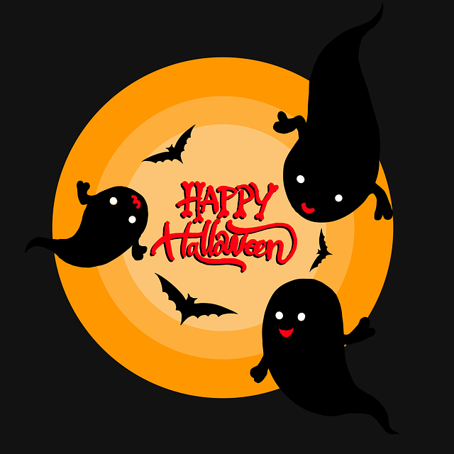 Friendly ghosts and bats encircle "Happy Halloween" on orange background.