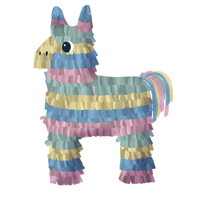 Colorful striped llama piñata with a cheerful expression.