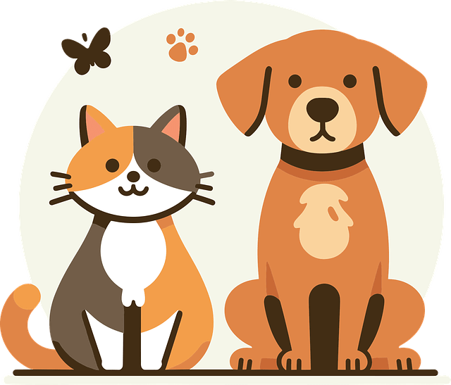 Cartoon cat and dog sitting side by side, with paw prints in the background.