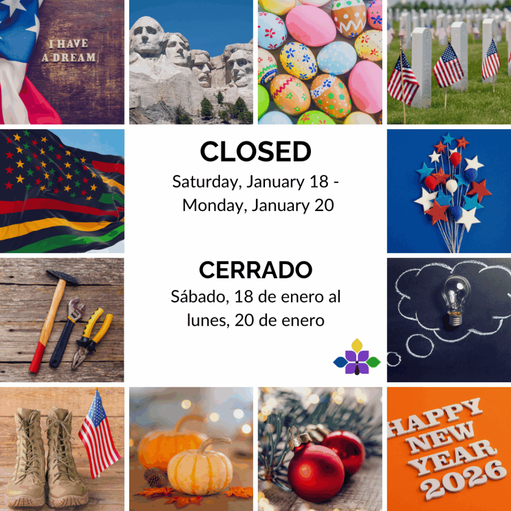 Small square images from left to right: American flag with 'I have a dream', American flag, colorful Easter Eggs, gravestones with small american flags, the Juneteenth flag, felt stars and balloons in red, white and blue; tools, a lightbulb on a chalk thought bubble, army boots with a small American flag, pumpkins, ornaments, and white letters reading Happy New Year 2026.