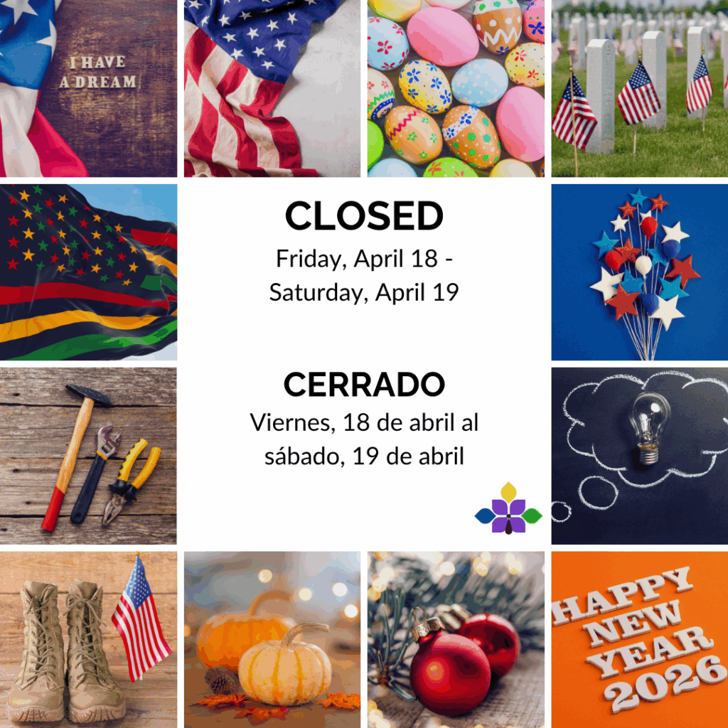 Small square images from left to right: American flag with 'I have a dream', American flag, colorful Easter Eggs, gravestones with small american flags, the Juneteenth flag, felt stars and balloons in red, white and blue; tools, a lightbulb on a chalk thought bubble, army boots with a small American flag, pumpkins, ornaments, and white letters reading Happy New Year 2026.