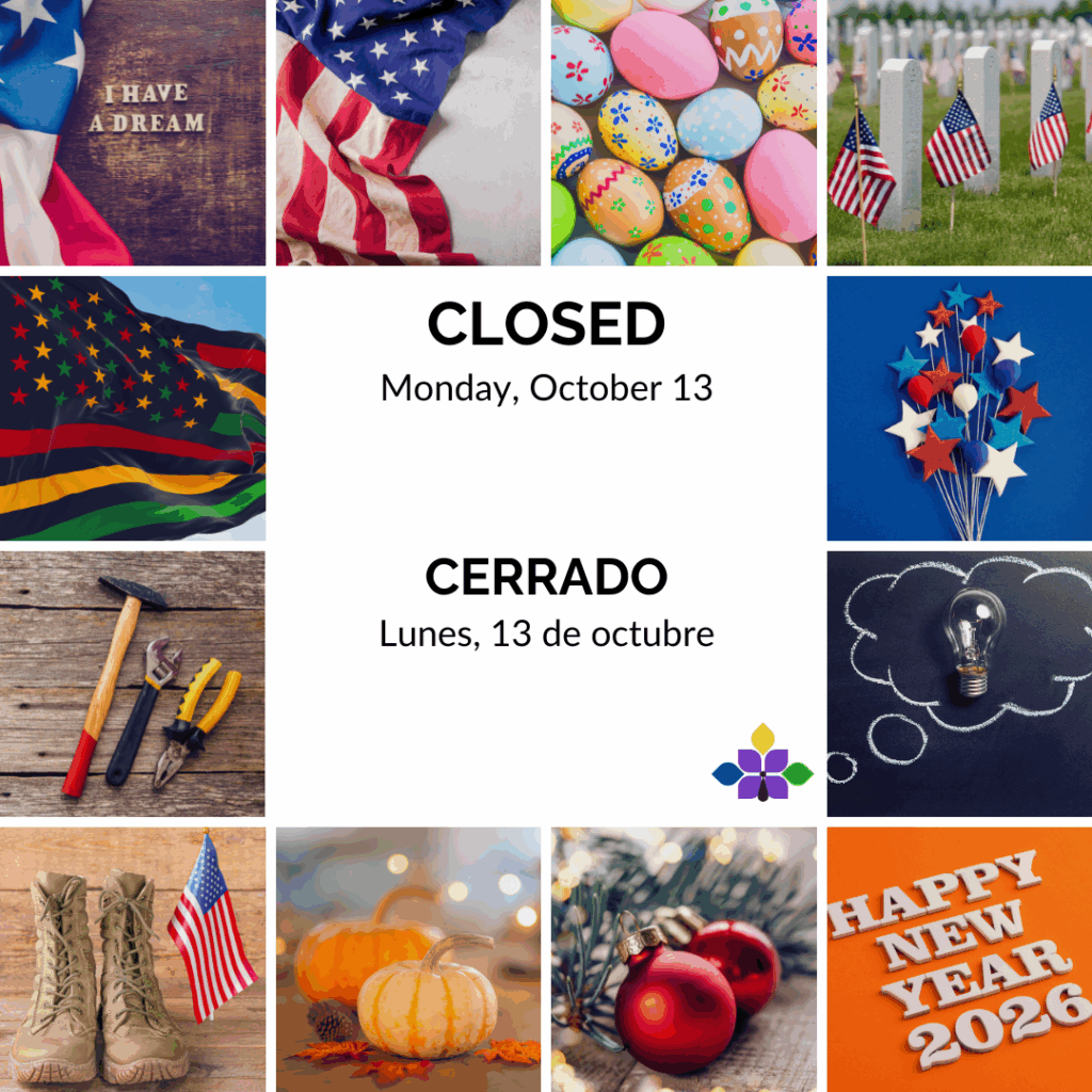 Small square images from left to right: American flag with 'I have a dream', American flag, colorful Easter Eggs, gravestones with small american flags, the Juneteenth flag, felt stars and balloons in red, white and blue; tools, a lightbulb on a chalk thought bubble, army boots with a small American flag, pumpkins, ornaments, and white letters reading Happy New Year 2026.