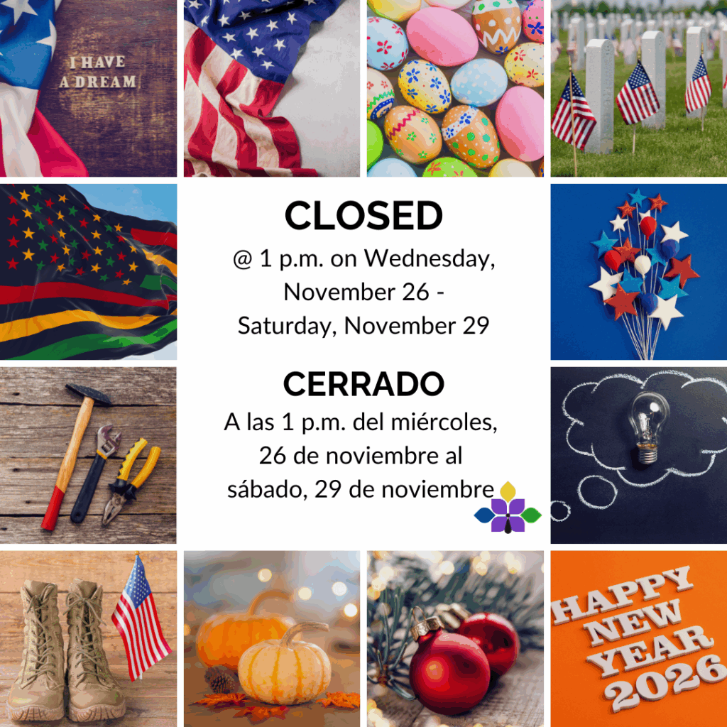 Small square images from left to right: American flag with 'I have a dream', American flag, colorful Easter Eggs, gravestones with small american flags, the Juneteenth flag, felt stars and balloons in red, white and blue; tools, a lightbulb on a chalk thought bubble, army boots with a small American flag, pumpkins, ornaments, and white letters reading Happy New Year 2026.