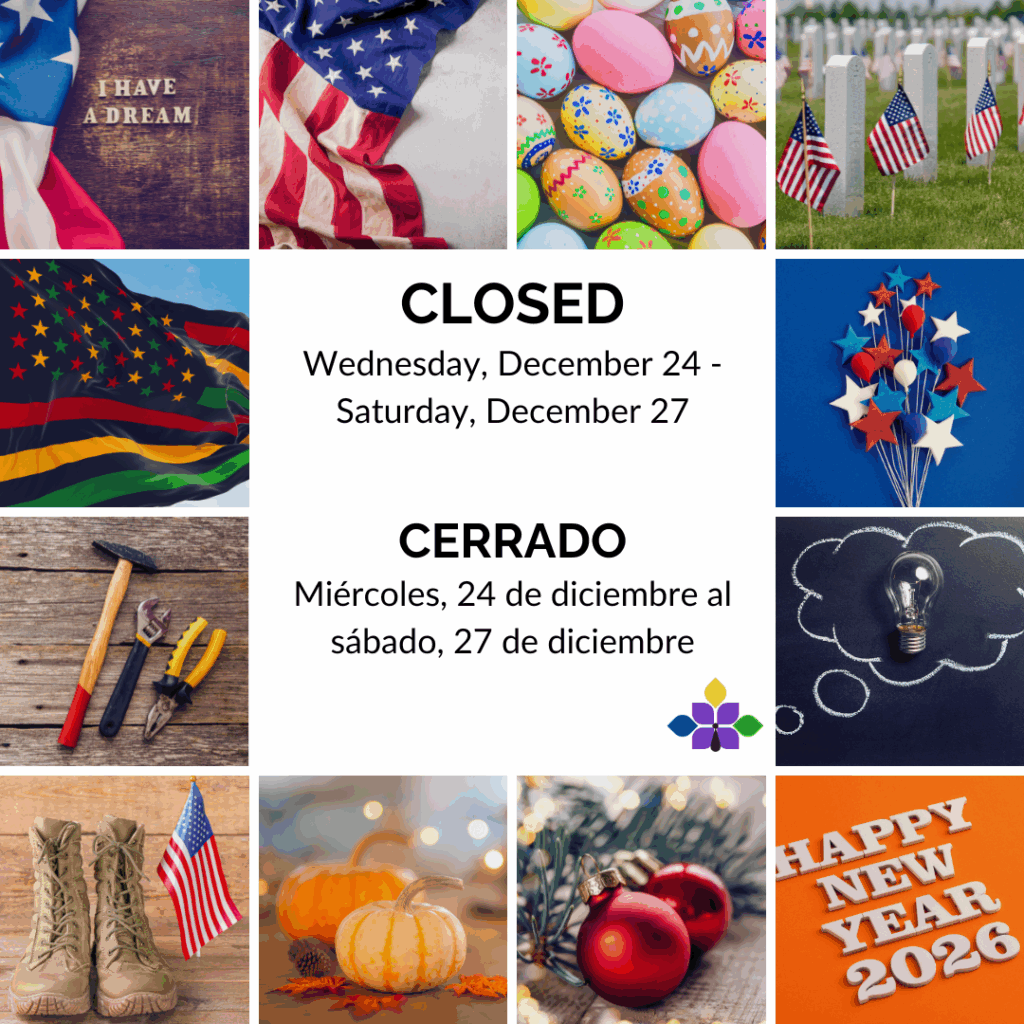 Small square images from left to right: American flag with 'I have a dream', American flag, colorful Easter Eggs, gravestones with small american flags, the Juneteenth flag, felt stars and balloons in red, white and blue; tools, a lightbulb on a chalk thought bubble, army boots with a small American flag, pumpkins, ornaments, and white letters reading Happy New Year 2026.